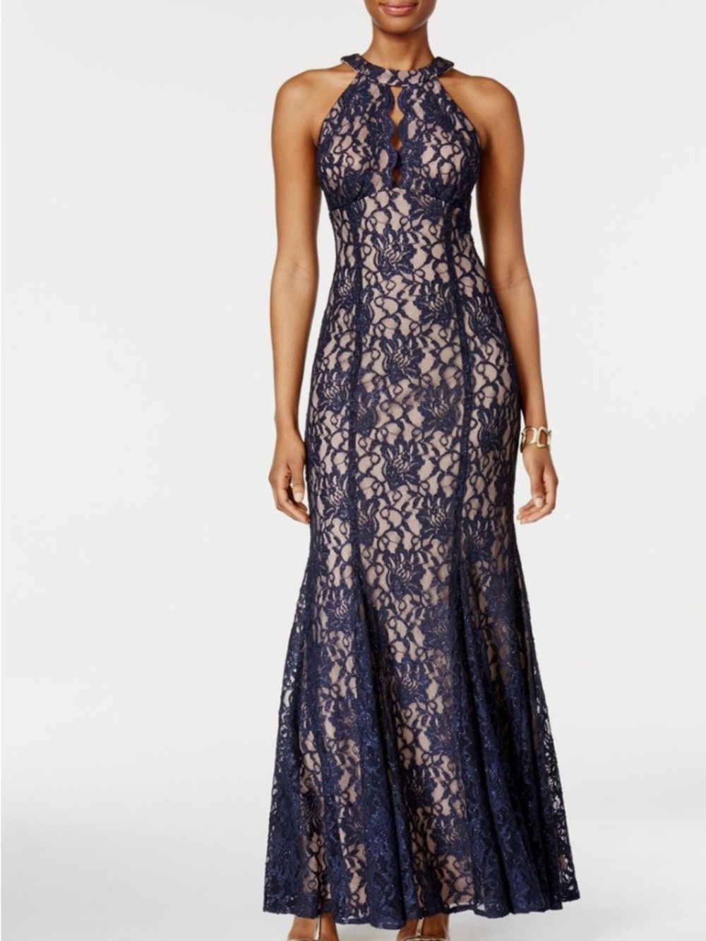 Night Way Collections Navy Lace Halter Maxi Gown with Nude Underlay